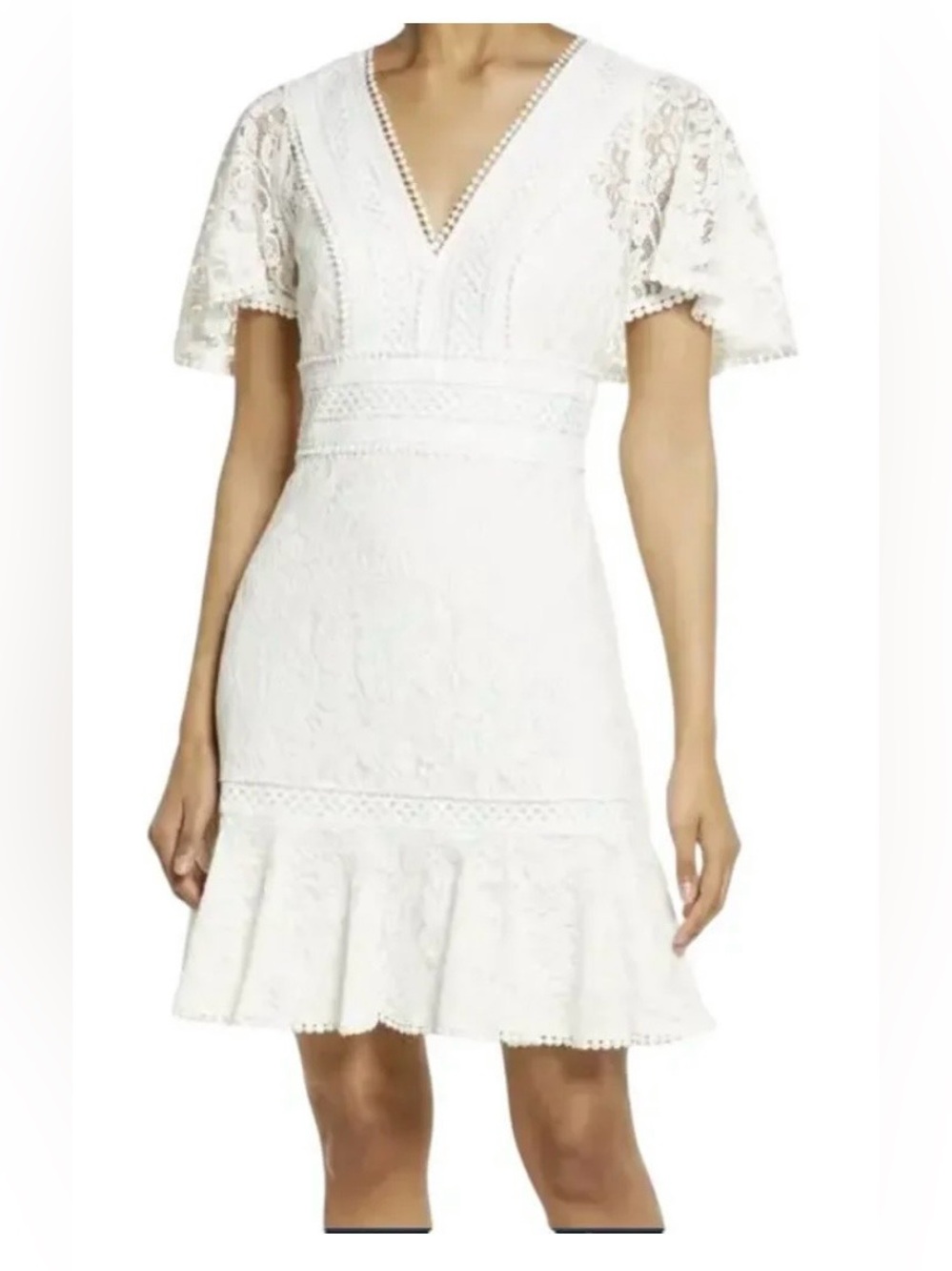 Eliza J Ivory Lace V-Neck Fit-and-Flare Wedding Dress